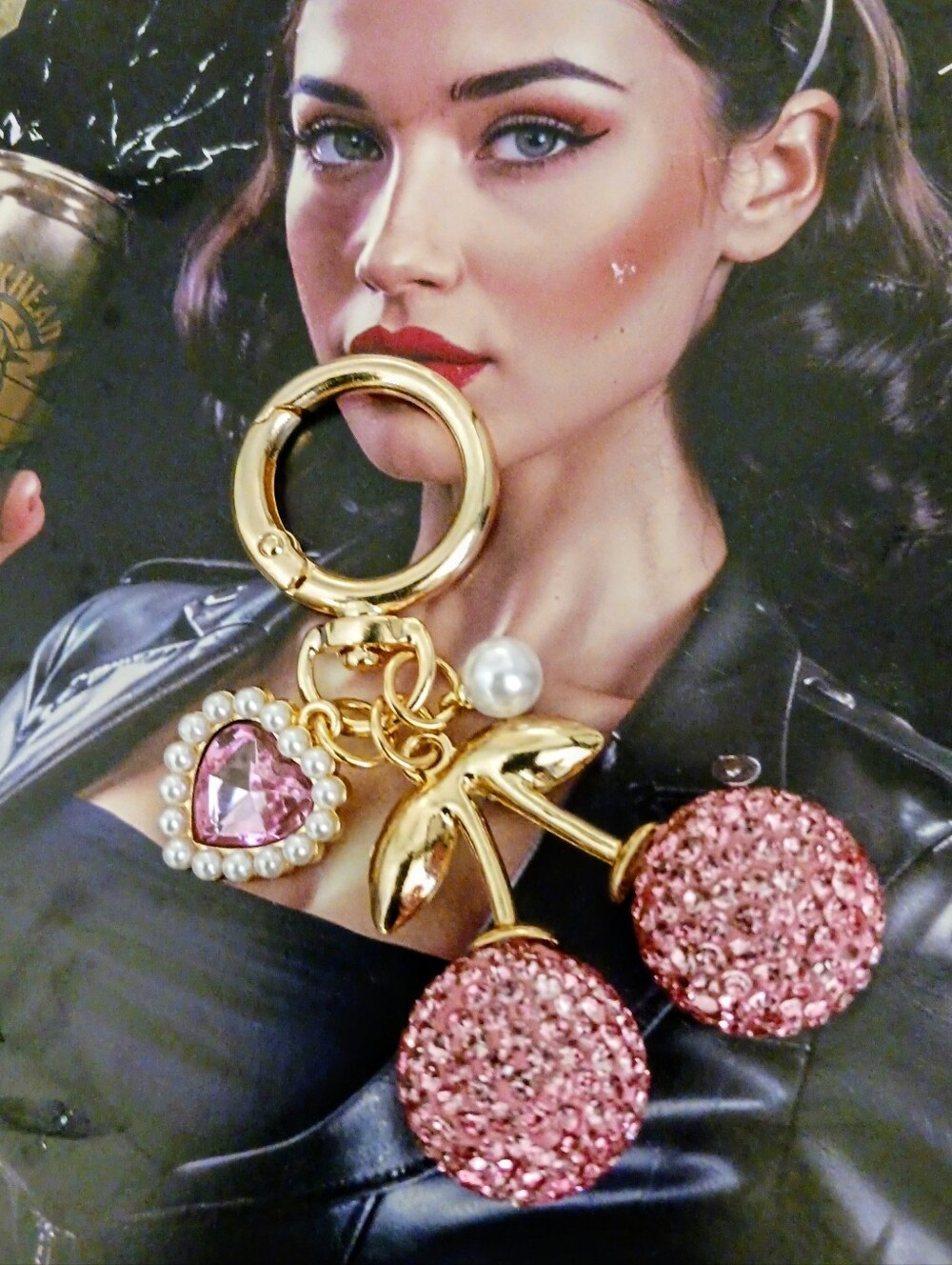 Pink Cherry Keychain with Heart Charm - Picture 9 of 10